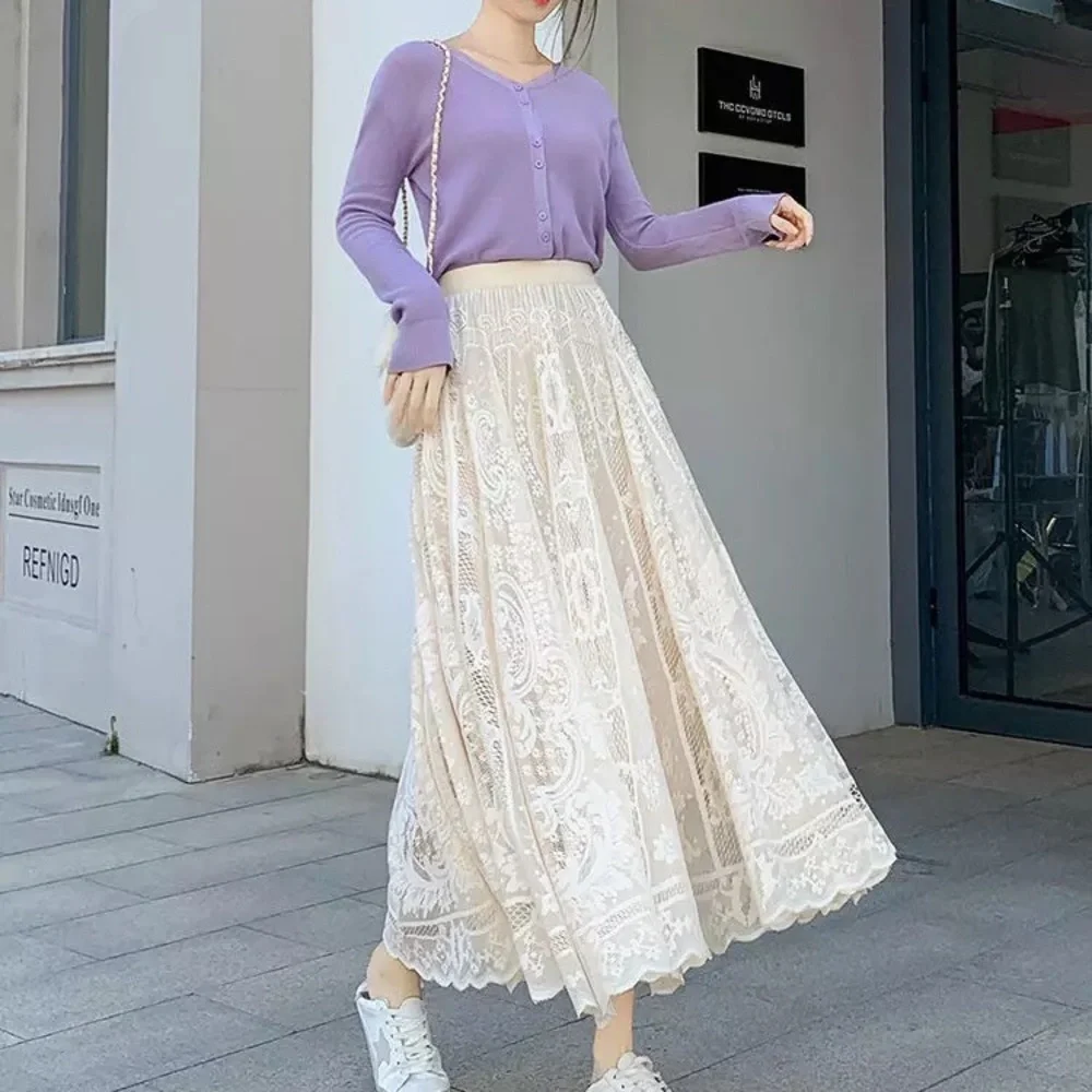 Lace skirt cream beige womens summer spring long skirt floral - Picture 7 of 15